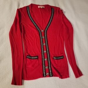 Red Cardigan Sweater with Chain Detail